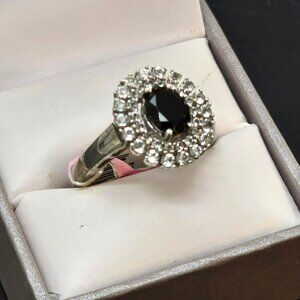 Black Spinel & White Topaz Halo Sterling Silver Statement Ring Size 8 NWT DH1386